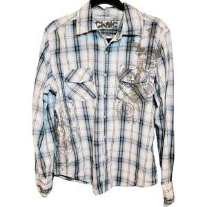 CHALC Men's Pearl Snap Button Down Graphic Long Sleeve Shirt sz(S)